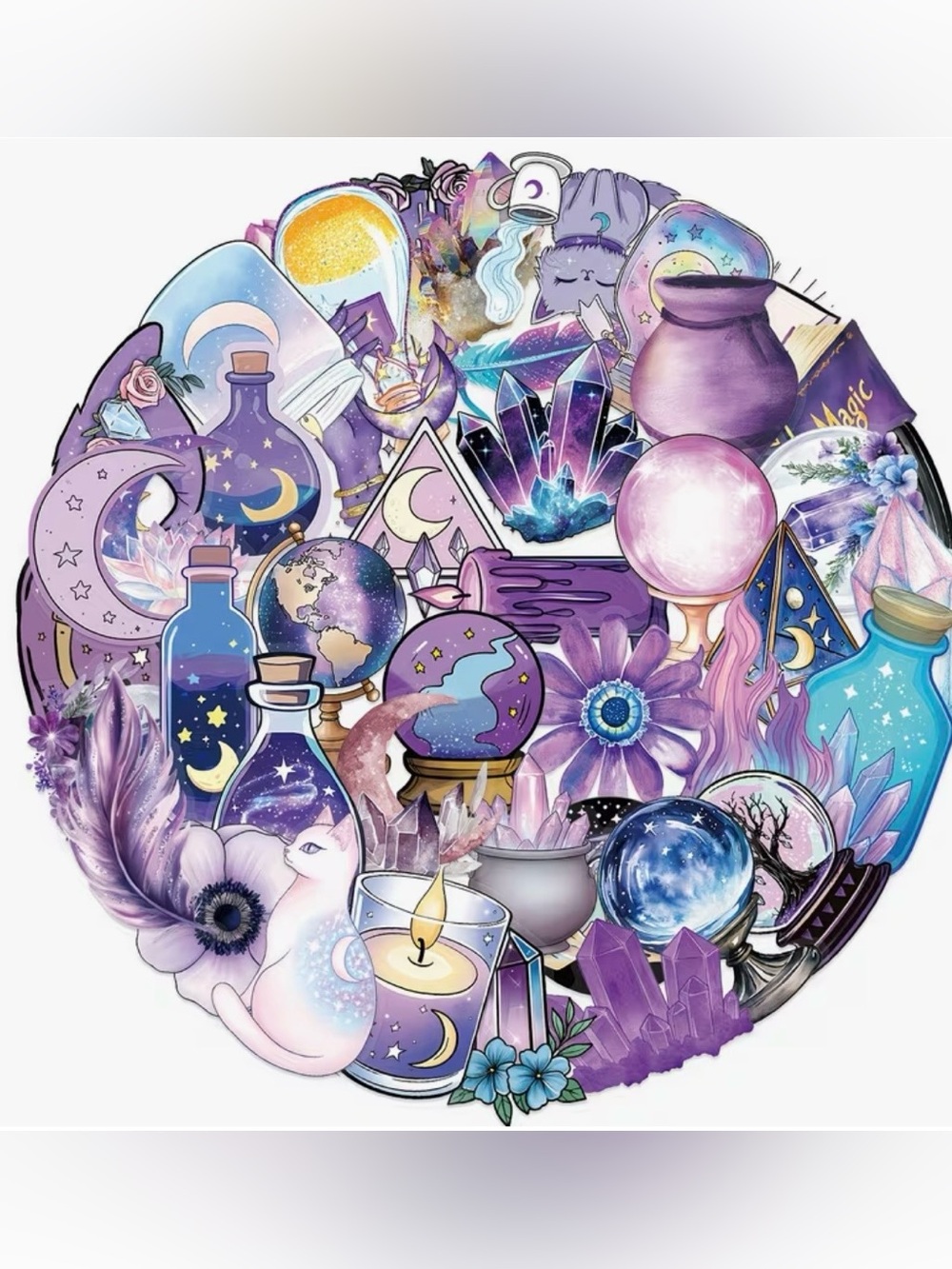 50 Purple Moon Galaxy Stickers Crystals Witch Candles Cat Flowers